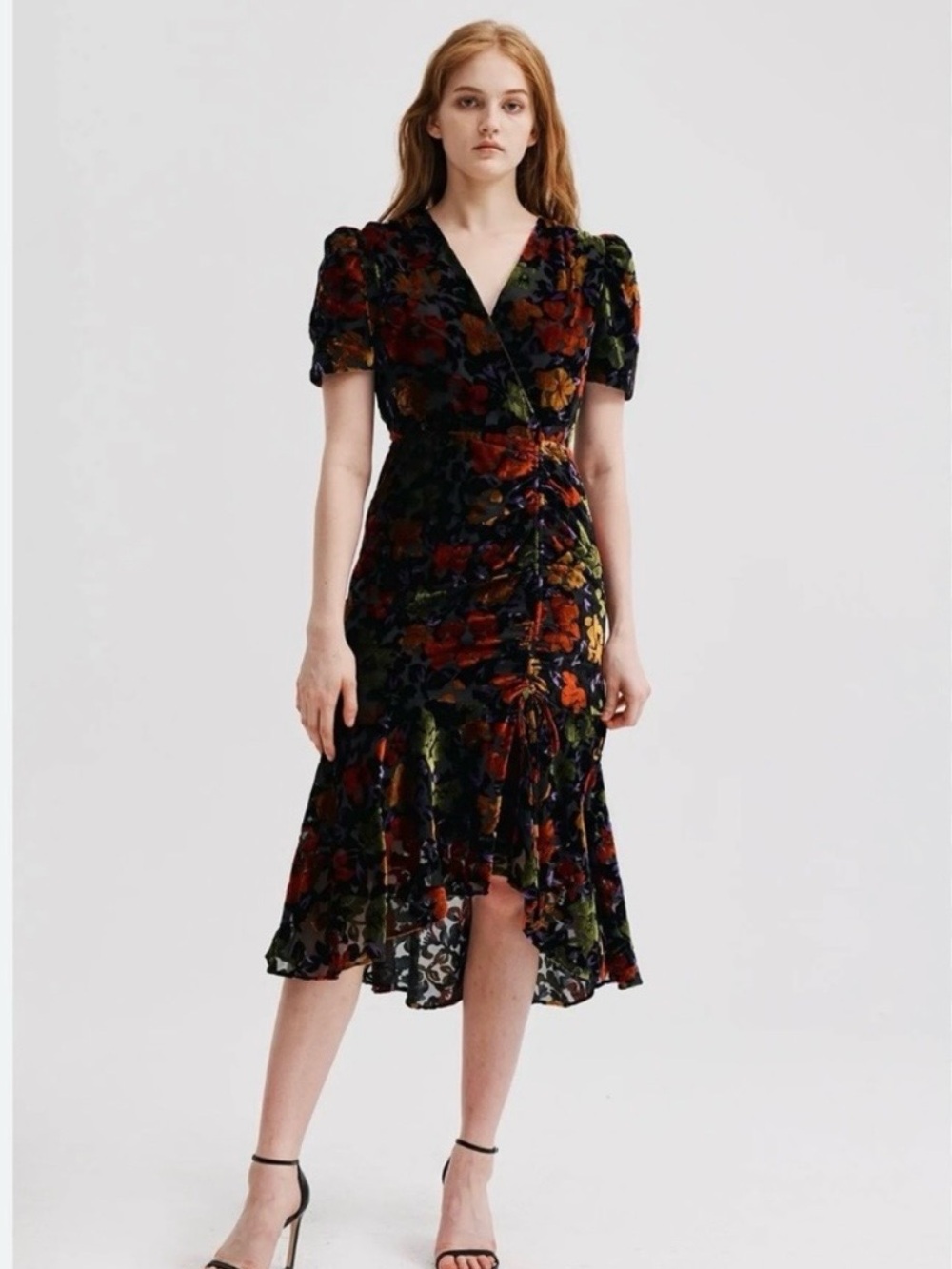 Milly Velvet Floral High-Low Wrap Dress in Black Multi